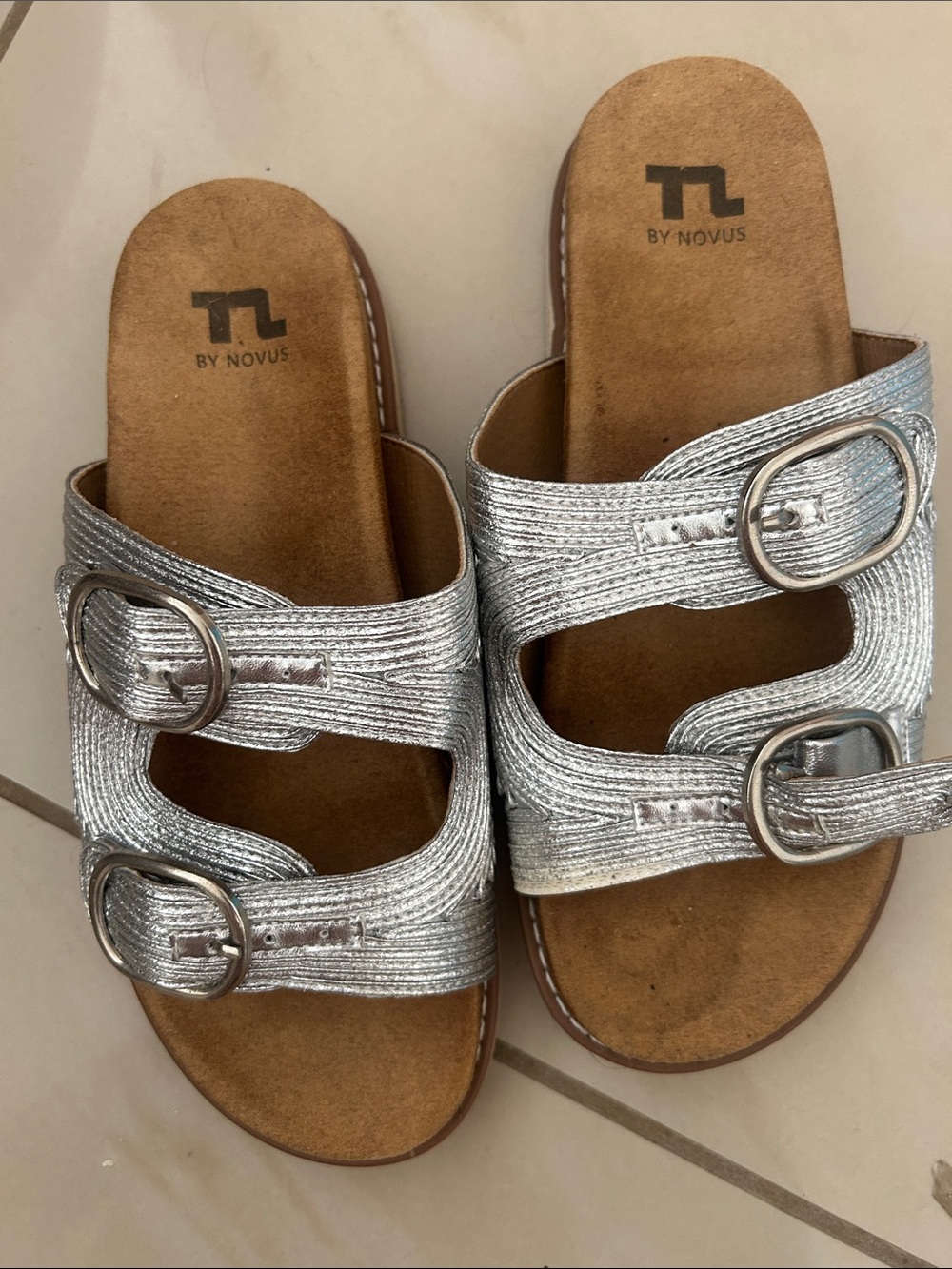 Novus Silver Buckle Slide Sandals for Women